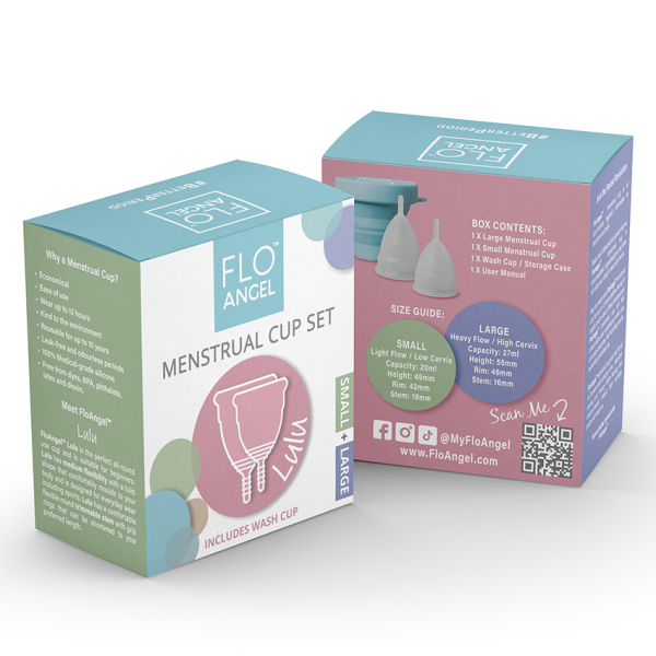 FloAngel Menstrual Cups Set Small and Large Box Front and Back